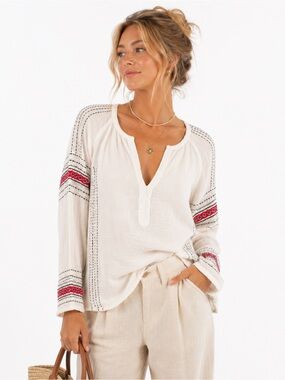 Roxy Boho Embroidered Gauze Peasant Top Medium Cream Coastal Cowgirl Festival